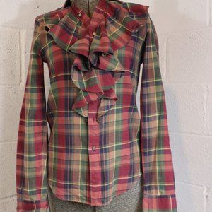Ralph Lauren Rugby Ruffle Plaid Top with Elbow pad